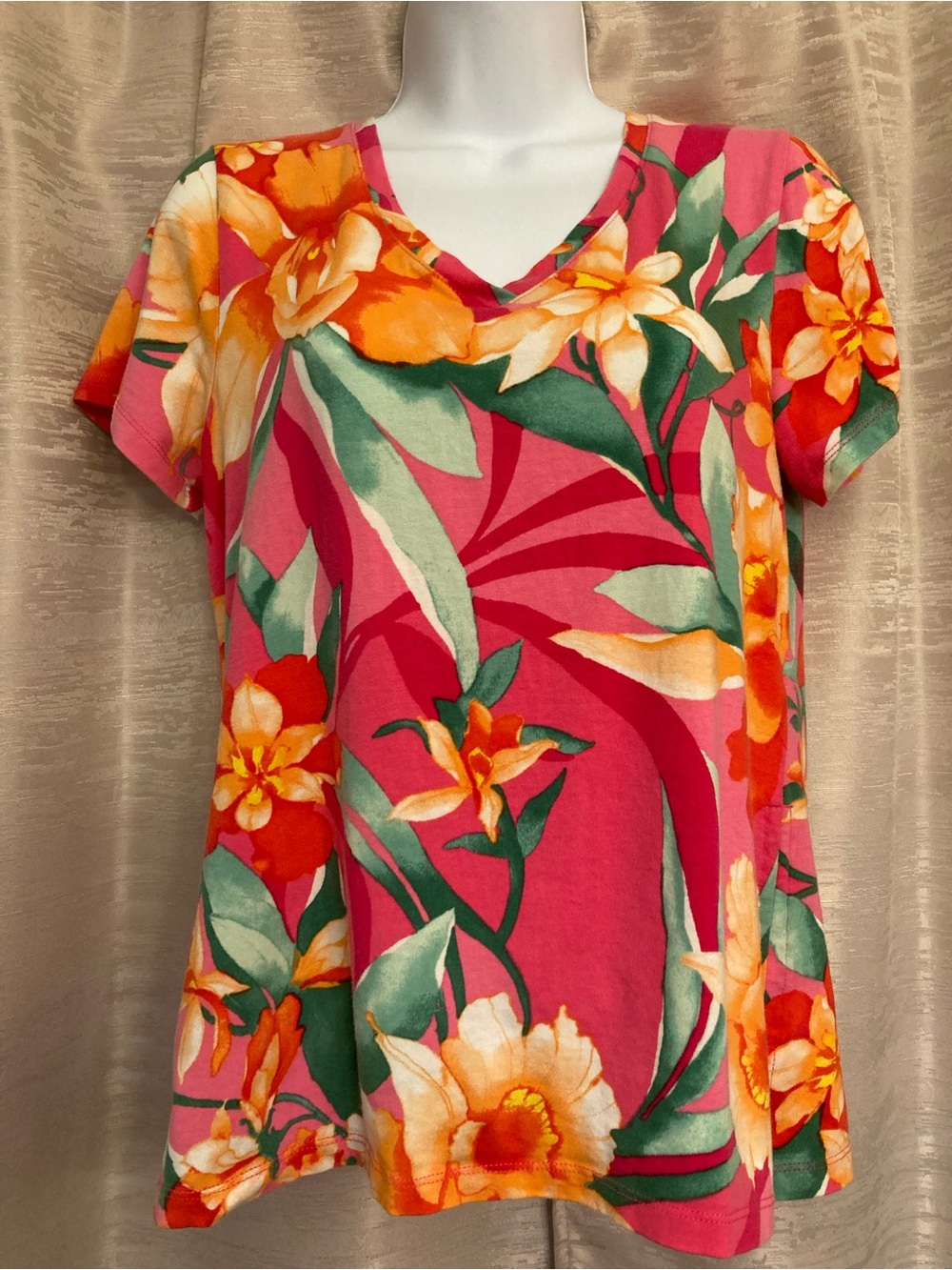 Caribbean Joe Tropical Floral V-Neck Tee in Pink, Orange, Green